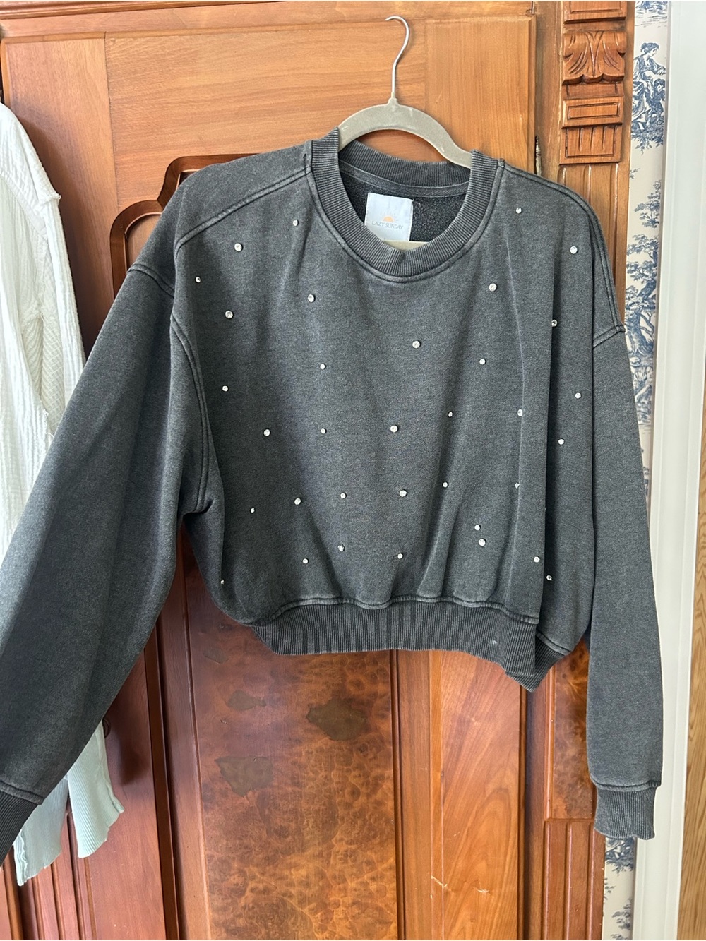 Embellished Charcoal Cropped Sweatshirt